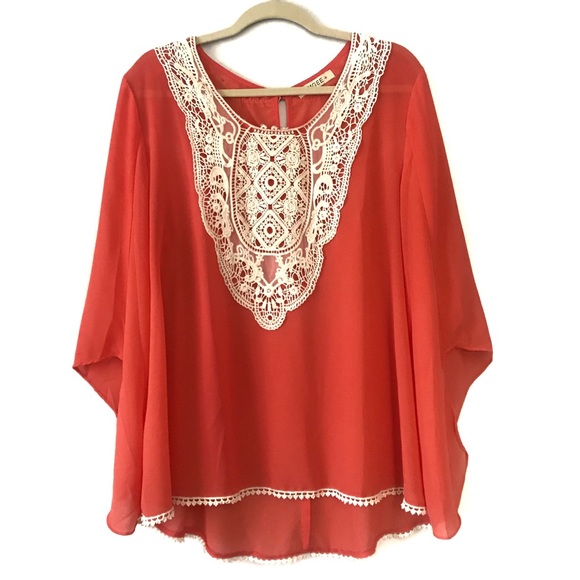 Umgee Tops - UMGEE + | Coral Sheer Embroidered Top Size 2XL